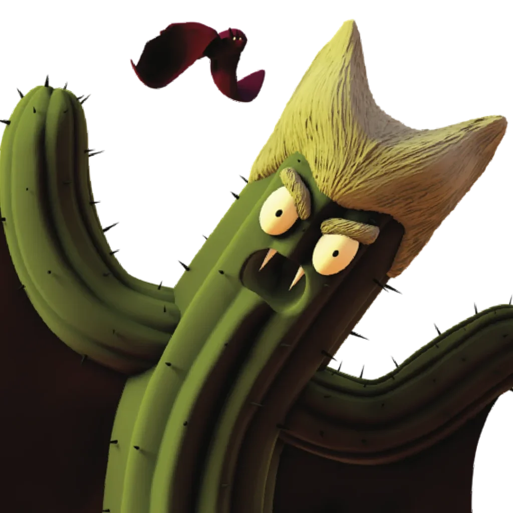 Count Spike is probably the oldest and most terrifying character in Cactus World… He is hundreds of years old and was once the most feared cactus… Parents used to threaten their children using his name. Today, he is no longer at the heights he once was. He is hunched over, from the pain of his teeth, his real teeth have long since fallen out, now he has a prosthesis that he puts in a glass of water every morning when he goes to bed. However, ambitious by nature, he still tries to inspire fear, but unfortunately only children are vaguely afraid of him.