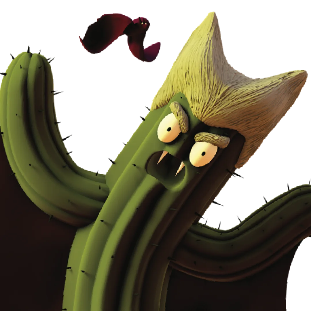 Count Spike is probably the oldest and most terrifying character in Cactus World… He is hundreds of years old and was once the most feared cactus… Parents used to threaten their children using his name. Today, he is no longer at the heights he once was. He is hunched over, from the pain of his teeth, his real teeth have long since fallen out, now he has a prosthesis that he puts in a glass of water every morning when he goes to bed. However, ambitious by nature, he still tries to inspire fear, but unfortunately only children are vaguely afraid of him.